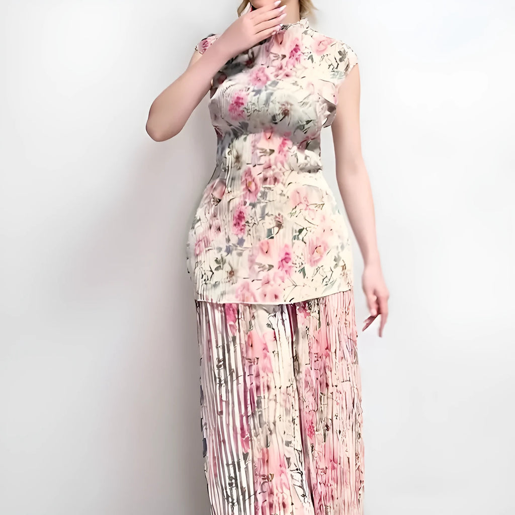 Long sleeve printed chiffon dress with high waist and matching top, shown in picture colour.