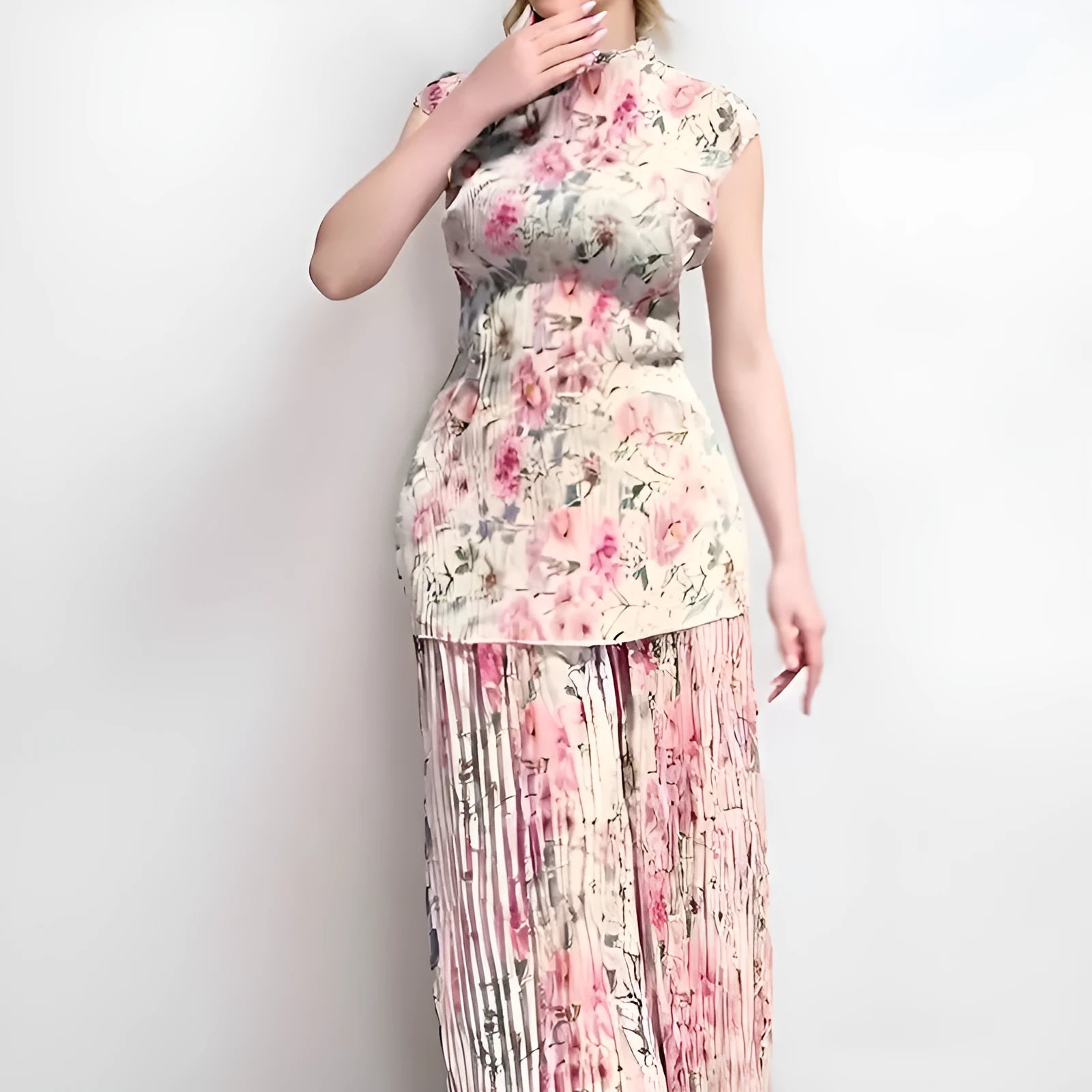 Long sleeve printed chiffon dress with high waist and matching top, shown in picture colour.