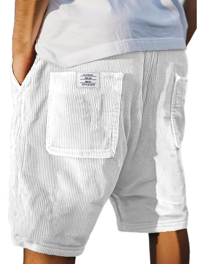 Men's grey corduroy shorts with multiple pockets and embroidery detail, straight-leg summer design