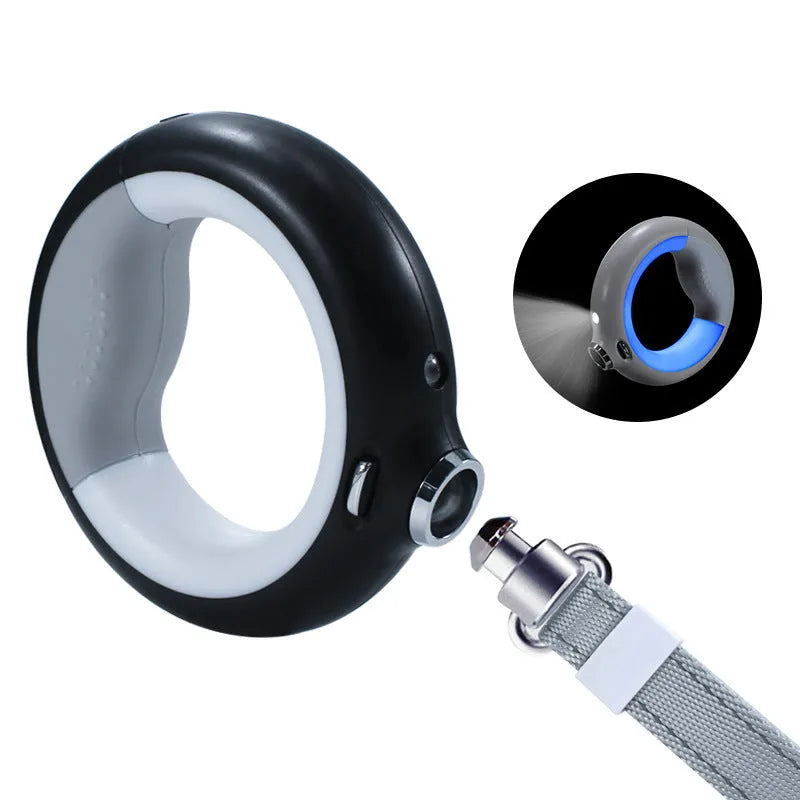 Luminous automatic telescopic dog rope with ABS housing, USB charging, pink colour option on white background