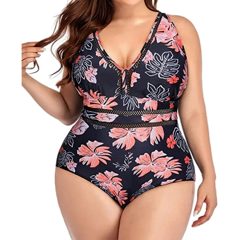 Black plus size women's swimsuit bikini with printed design and sleeveless cut
