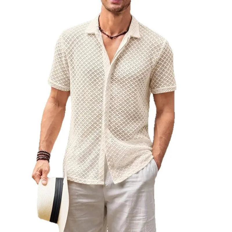 Men's short sleeve lapel shirt in mesh fabric available in beige, black, and white colours