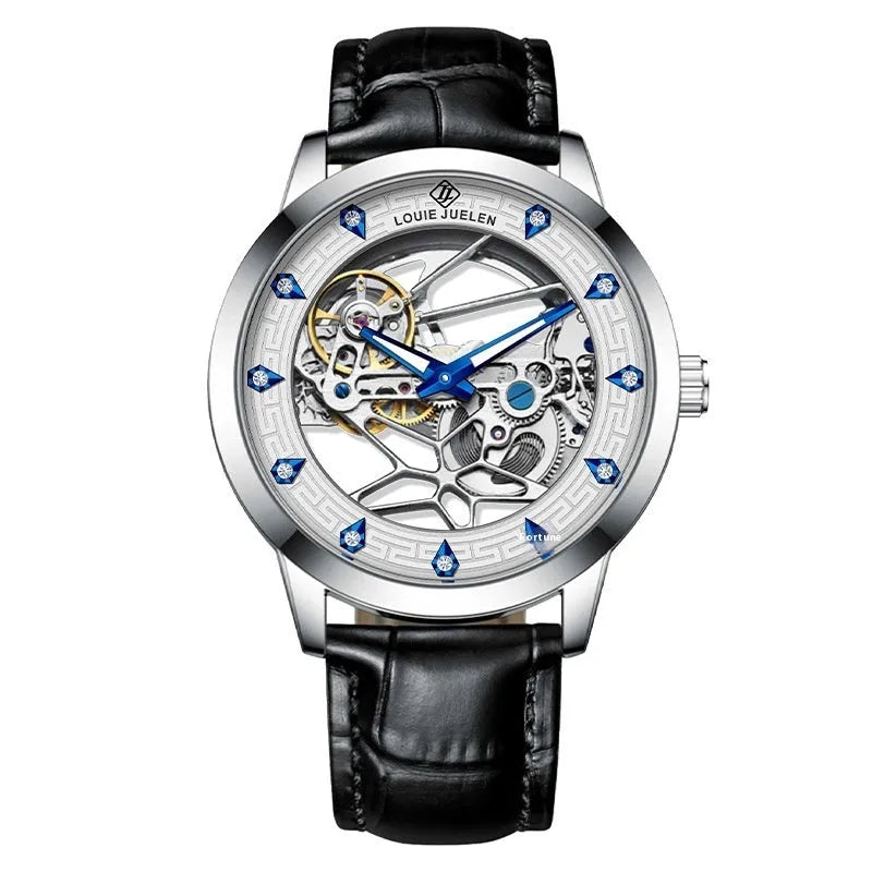 Men's silver stainless steel mechanical watch with white dial, blue luminous hands, and a black leather strap.