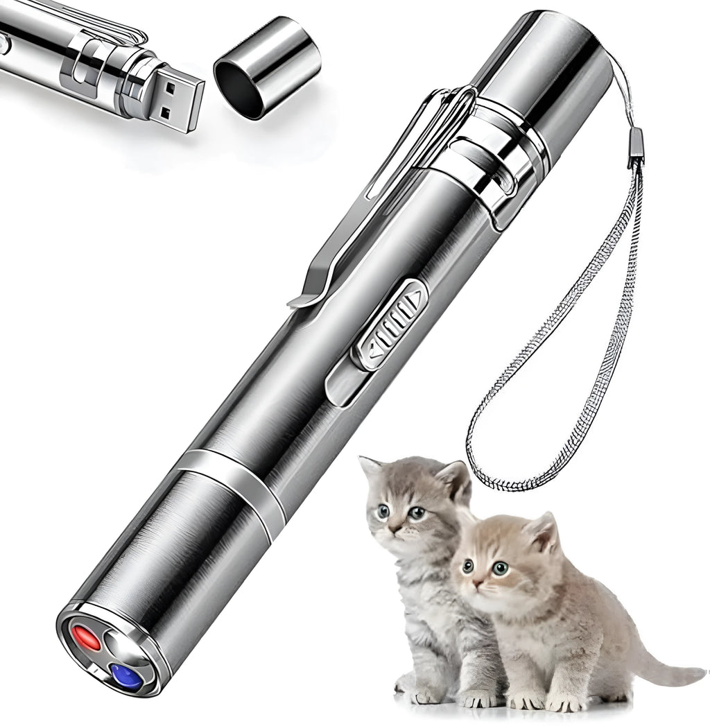 Silver aluminium interactive cat laser pointer toy with USB port and multiple light pattern modes.