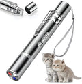 Silver aluminium interactive cat laser pointer toy with USB port and multiple light pattern modes.