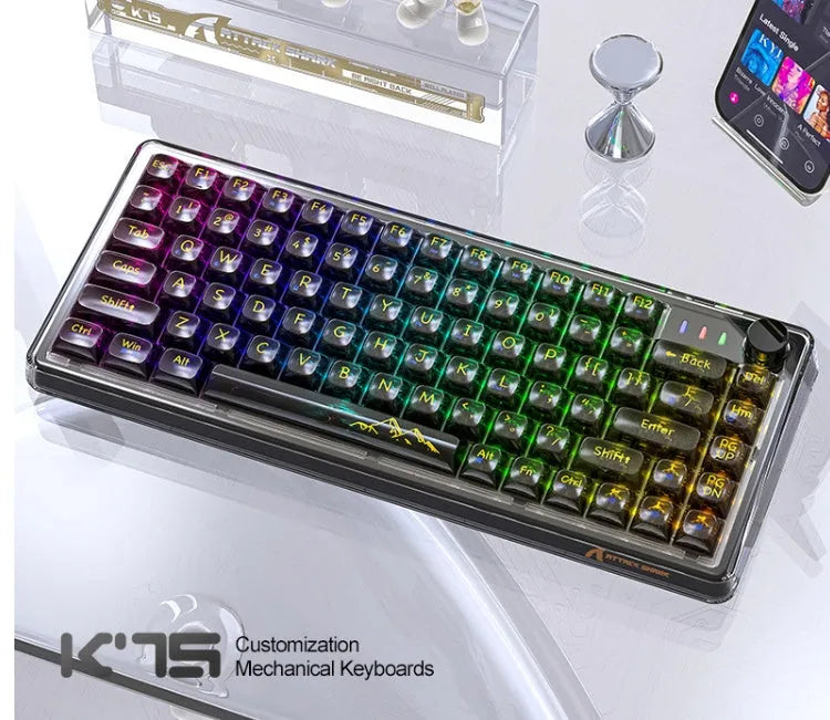 Attack Shark K75RGB wireless mechanical keyboard with transparent case showing internal components