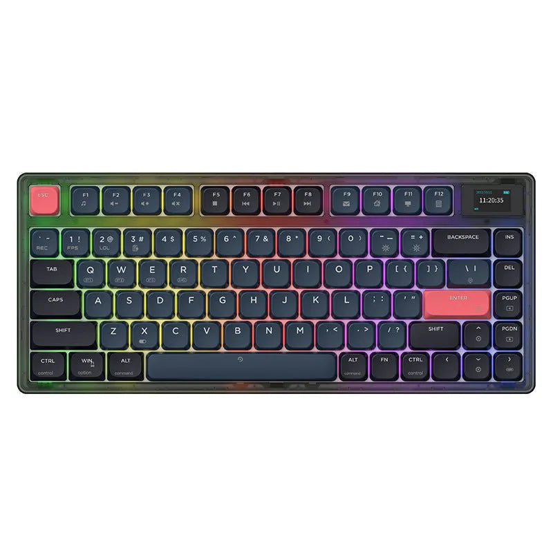 Ajazz AK832PRO mechanical keyboard with colour screen, green case, and RGB backlighting