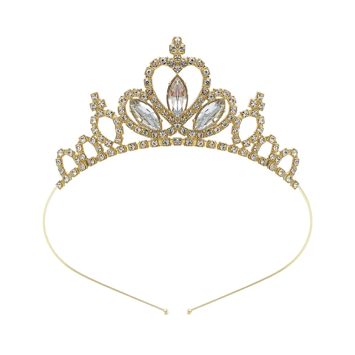 Girl's electroplated alloy princess crown headdress in gold and silver colour variations with gemstone-effect finishes.