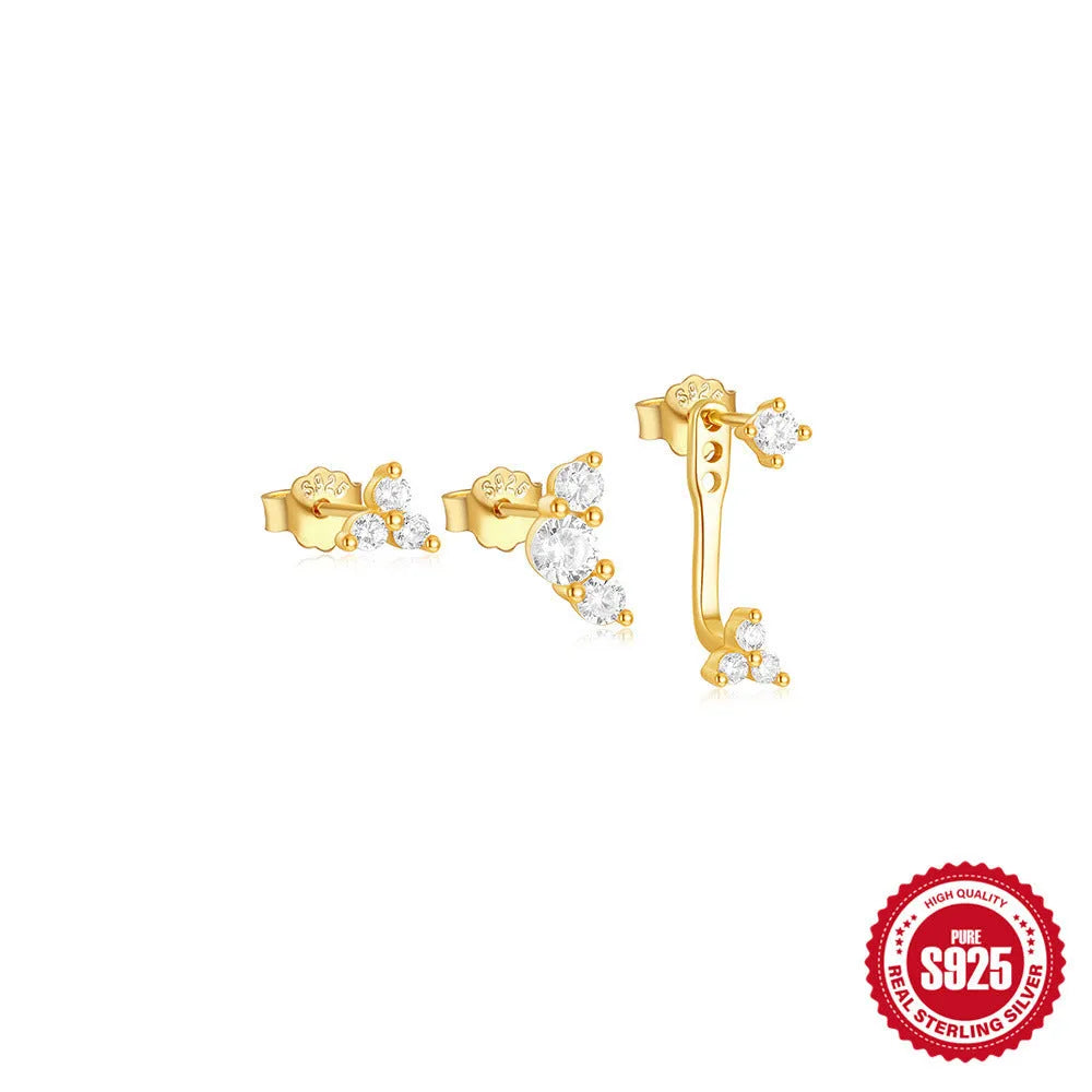 Three pairs of geometric zircon stud earrings in gold tones made from S925 sterling silver