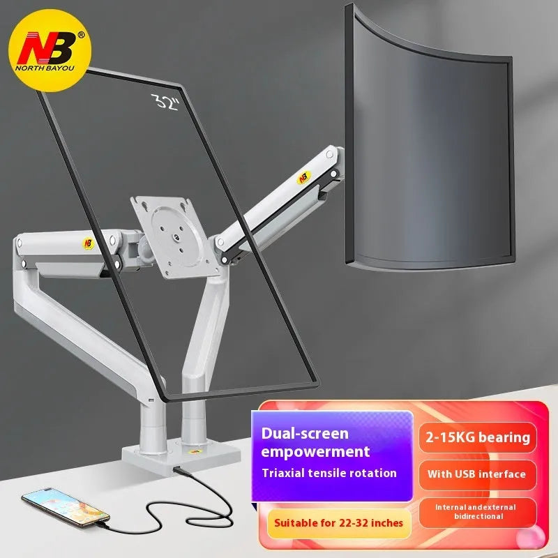 Dual screen monitor arm bracket in aluminium alloy with mechanical height adjustment