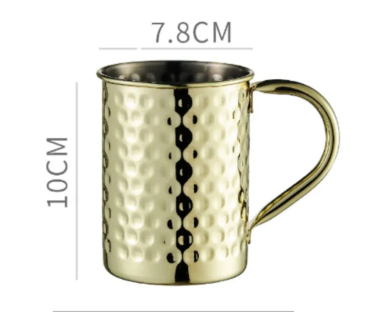 Copper plated stainless steel Moscow Mule mug in hammered and smooth styles, shown in silver, gold, rose gold, and black.
