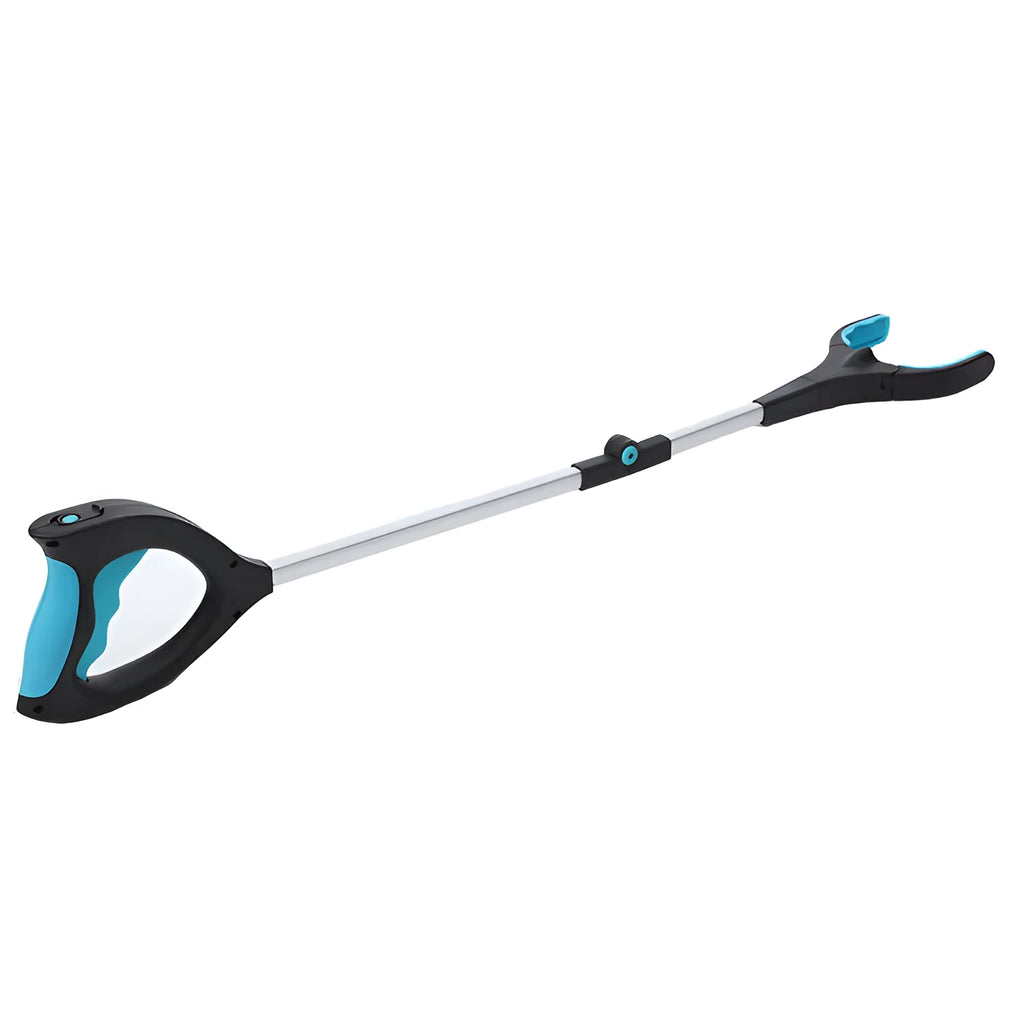 Blue foldable portable pickup tool with aluminium shaft extended, showing its 83.5cm length.