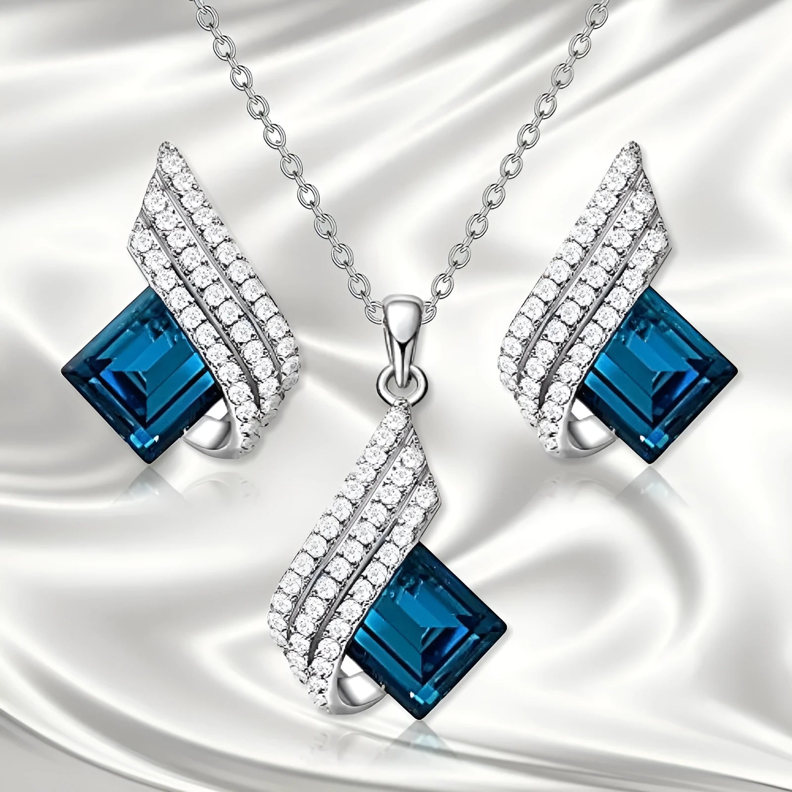 Women's necklace and earring set with cross chain design and glass pendant in alloy with electroplated finish