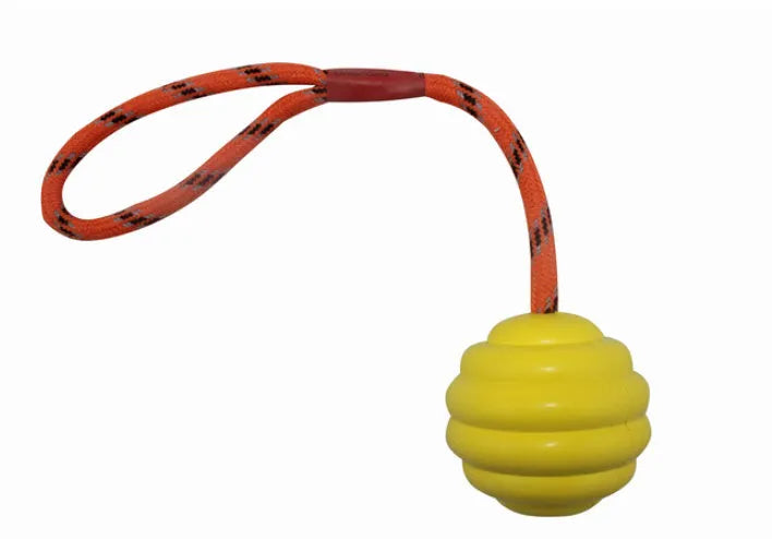 Multi-colour rubber dog toy ball with rope knot design measuring 6cm by 30cm