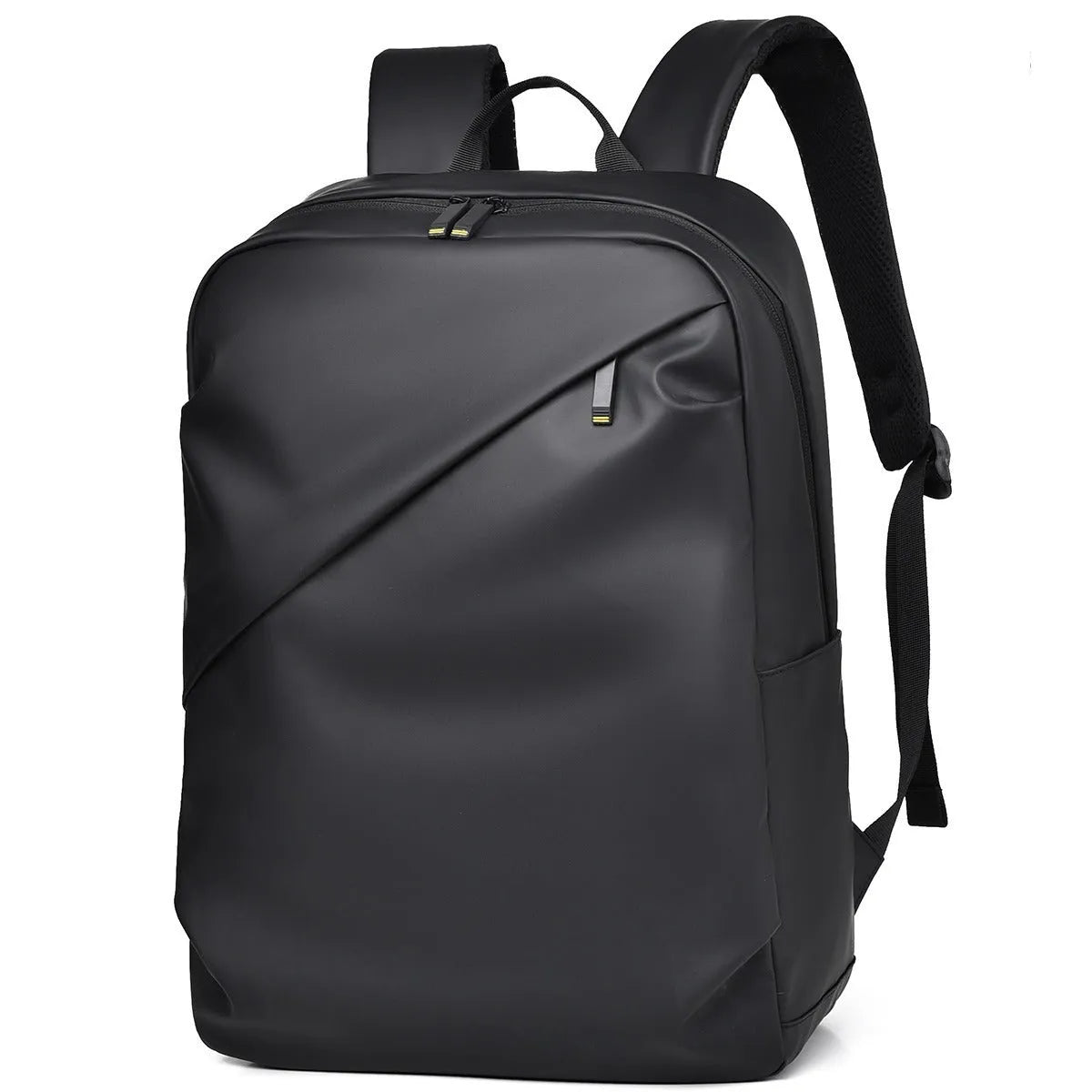 Large black waterproof PU leather backpack for men with sewing thread detailing and computer bag