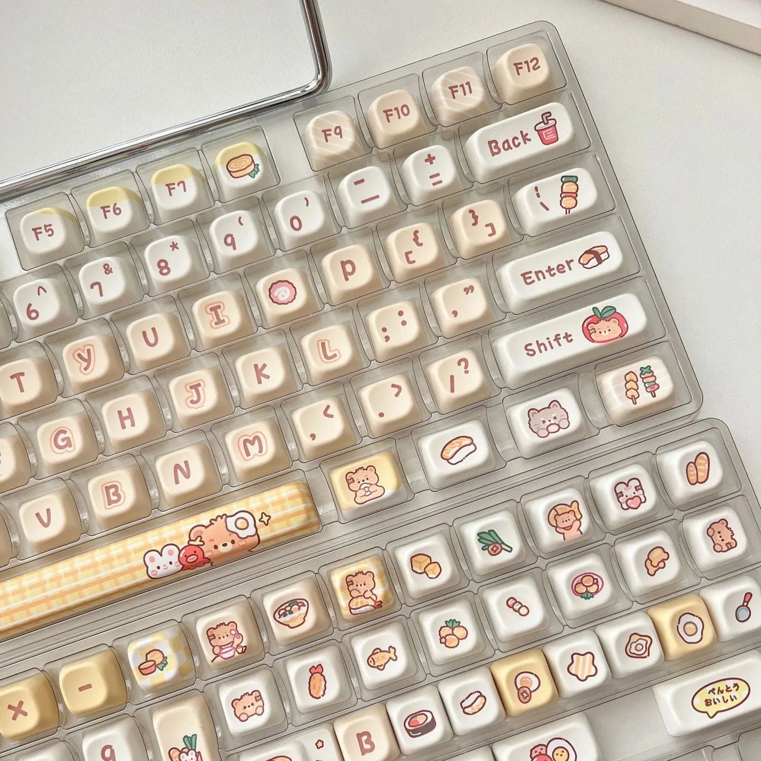 Rabbit Bear Restaurant themed PBT plastic keycap set with 140 pieces in EOA height profile for mechanical keyboards.