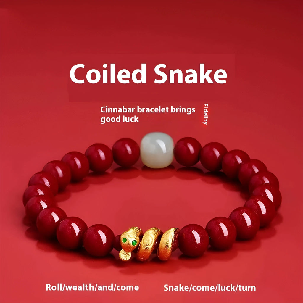 Handmade Chinese Zodiac snake charm bracelet made from cinnabar, showing 8mm beads.