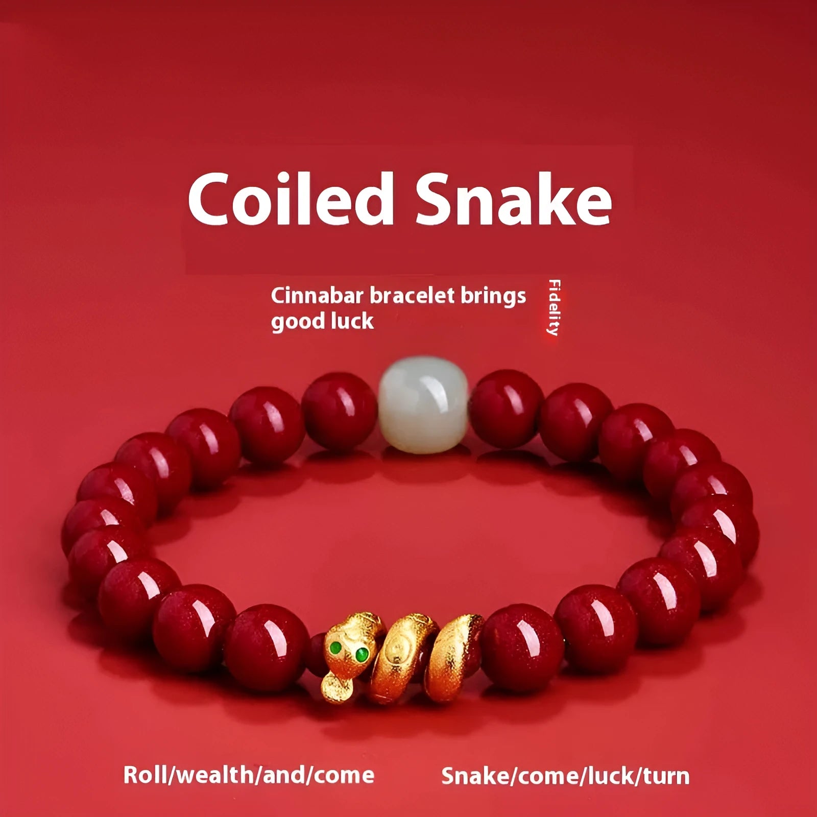 Handmade Chinese Zodiac snake charm bracelet made from cinnabar, showing 8mm beads.