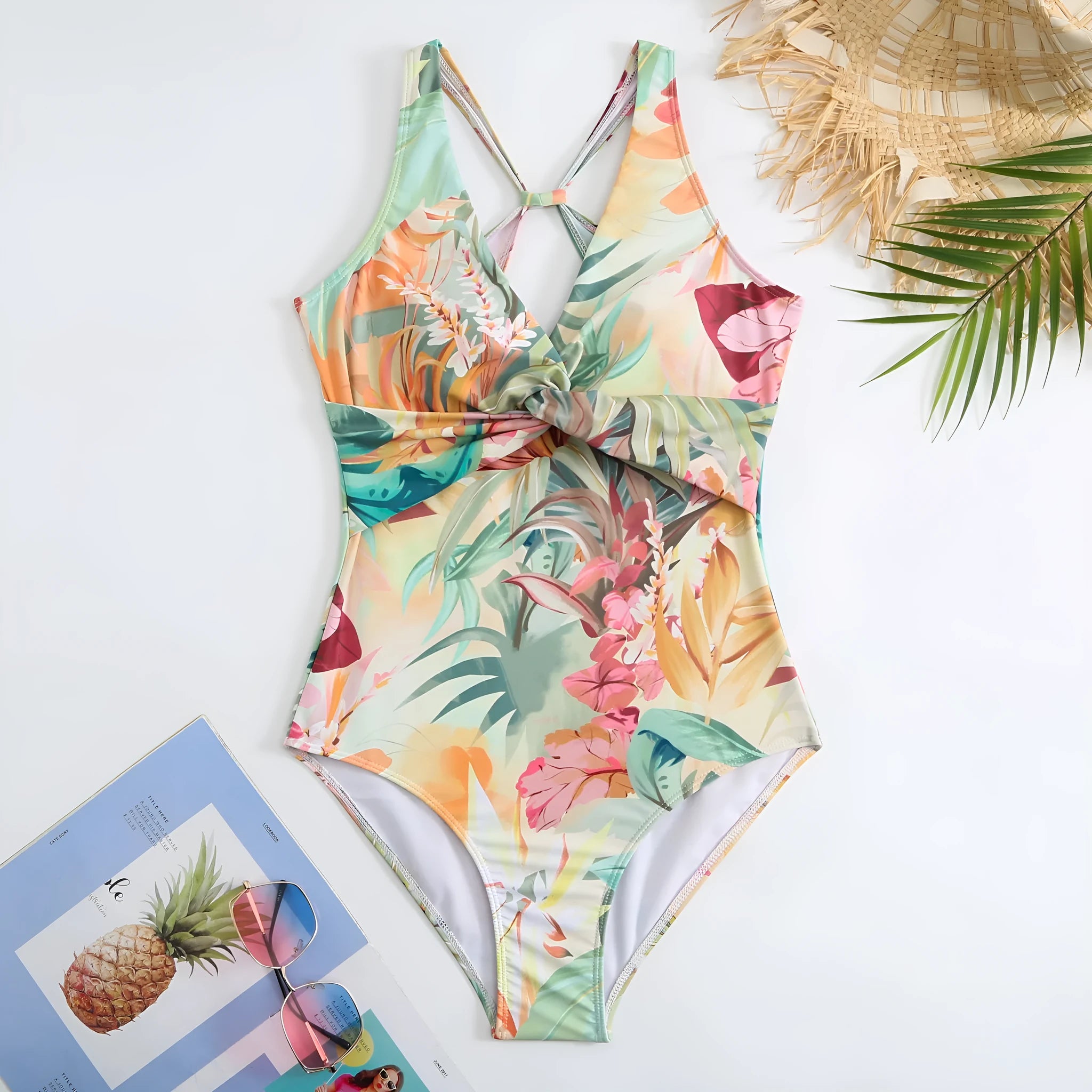 Women's conservative one-piece swimsuit with short sleeves in a vintage yellow floral print pattern.