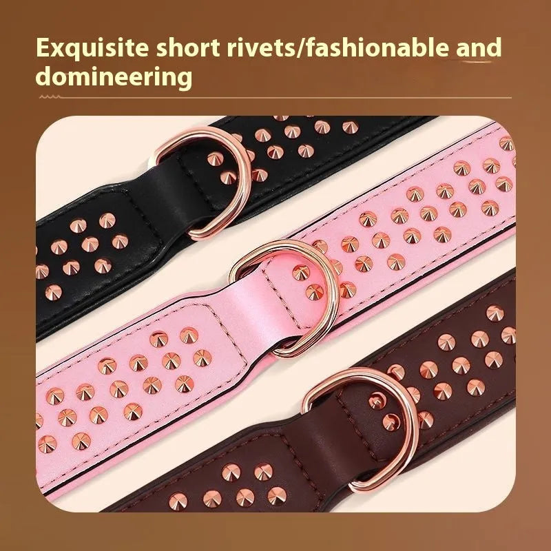 Leather dog collar with metal rivets in black, chocolate, or pink colour, shown in L and XL sizes.