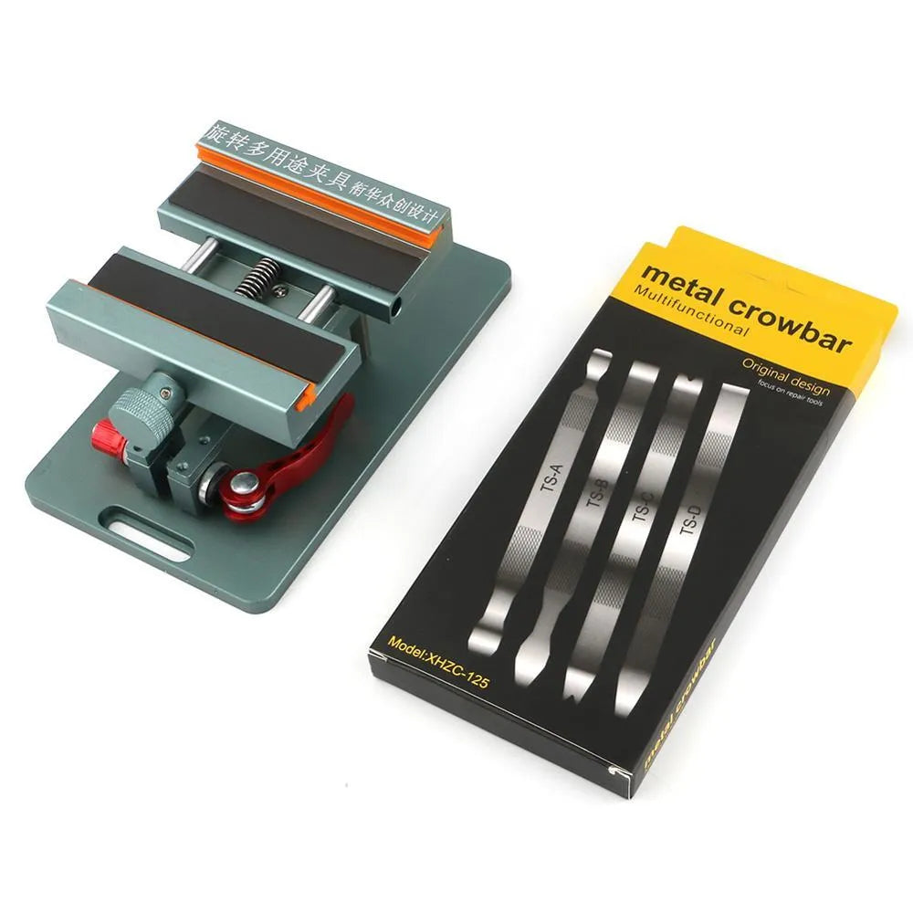 Adjustable mobile phone repair fixture with silicone grips and a demolition crowbar on a workbench.