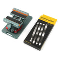 Adjustable mobile phone repair fixture with silicone grips and a demolition crowbar on a workbench.