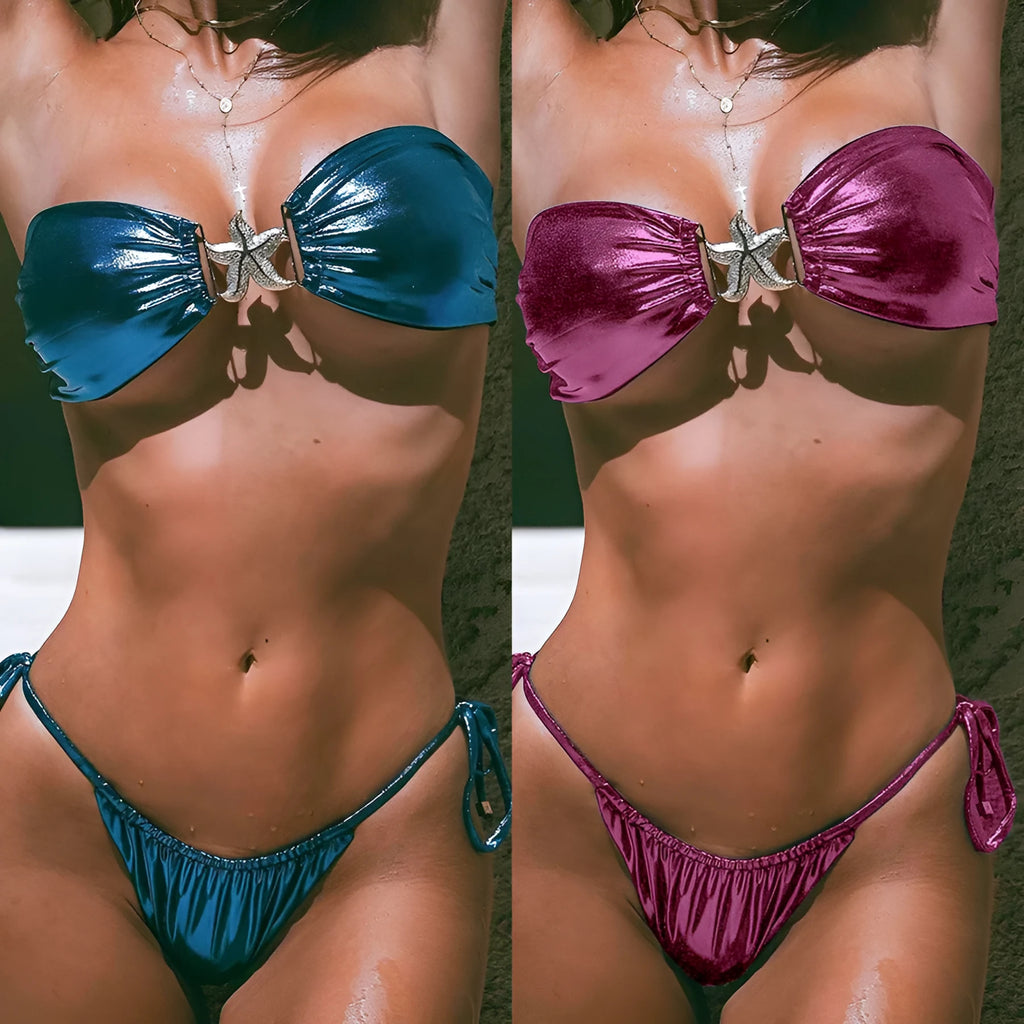 Glossy sapphire blue women's tube top bikini with a gold starfish decoration on the briefs.