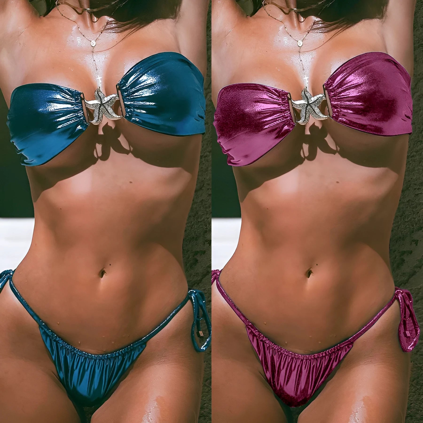 Glossy sapphire blue women's tube top bikini with a gold starfish decoration on the briefs.