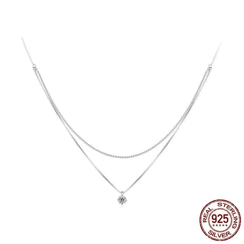 Silver double-layer necklace with pearl chain texture and pendant on S925 sterling silver