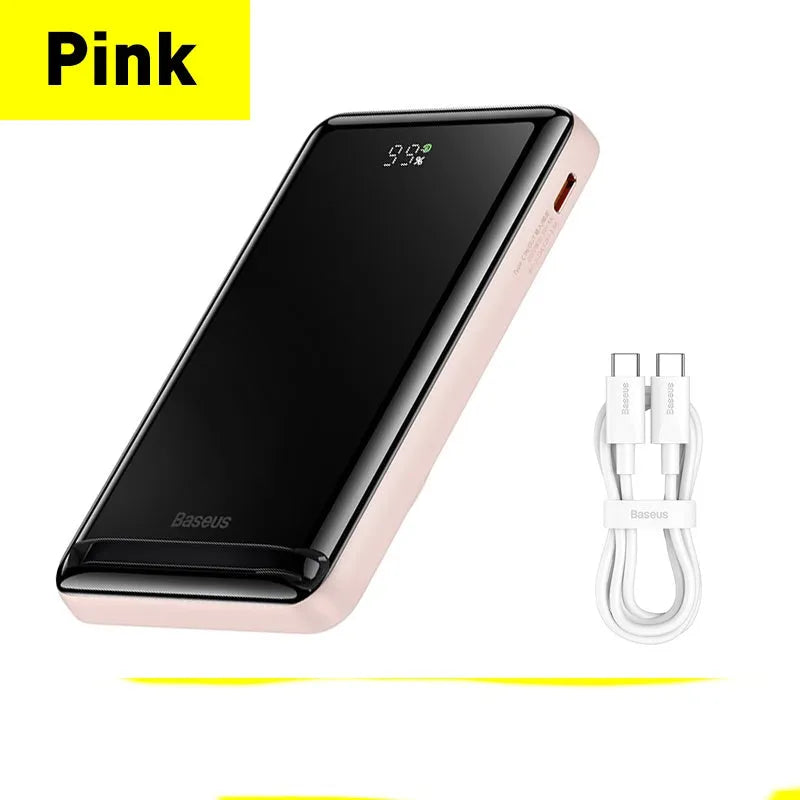 Slim blue magnetic power bank showing wireless charging surface and USB port