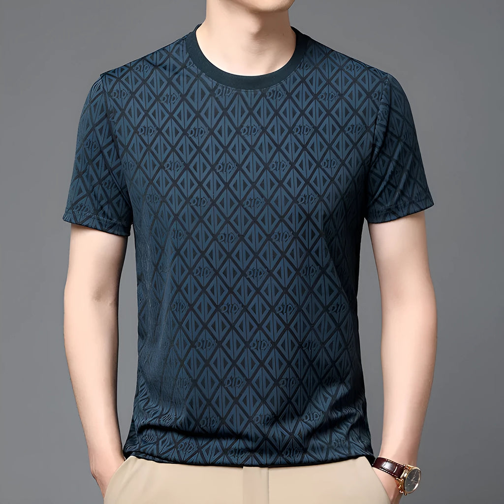 Men's loose fit round neck short sleeve T-shirt in ice silk fabric, shown in solid colour options.