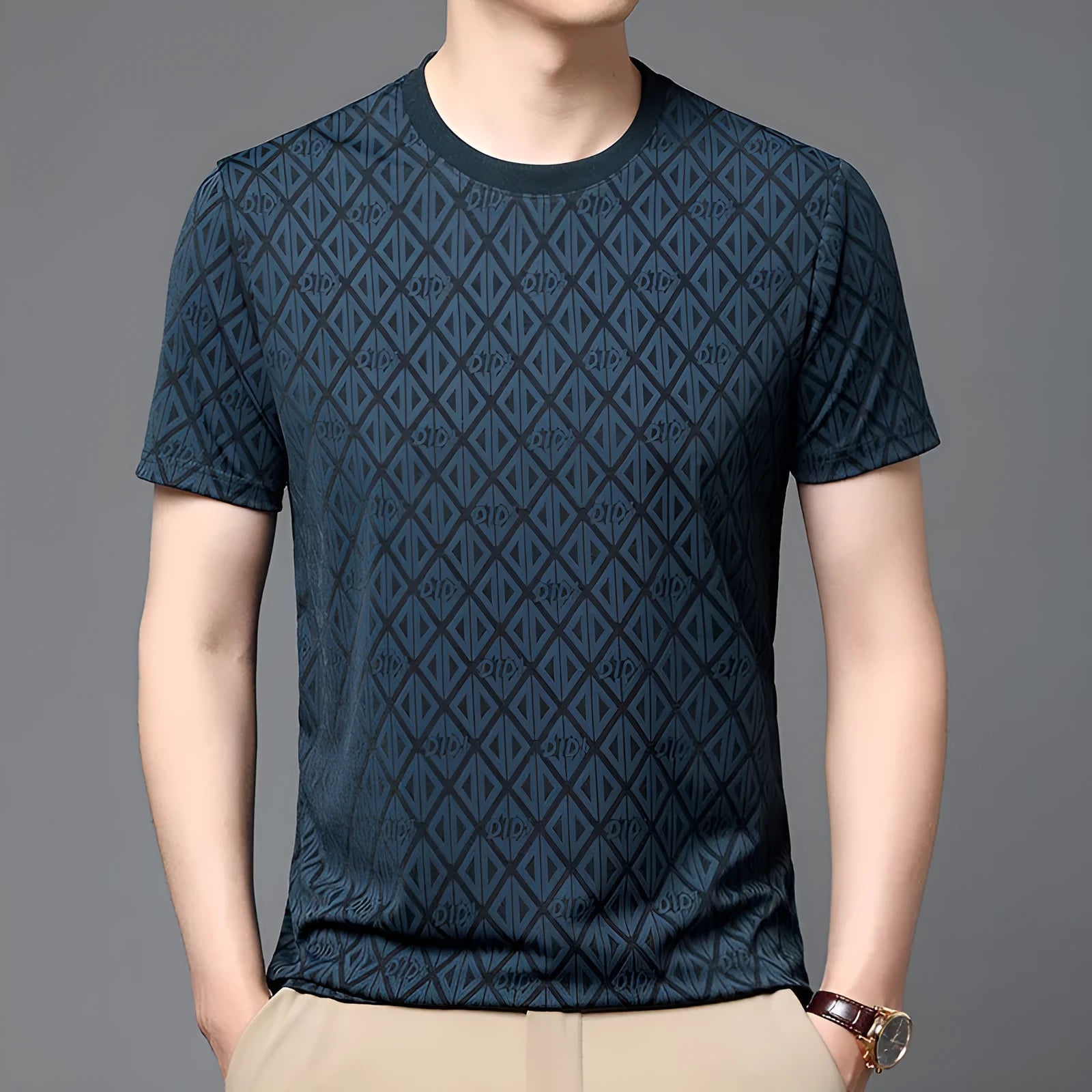 Men's loose fit round neck short sleeve T-shirt in ice silk fabric, shown in solid colour options.