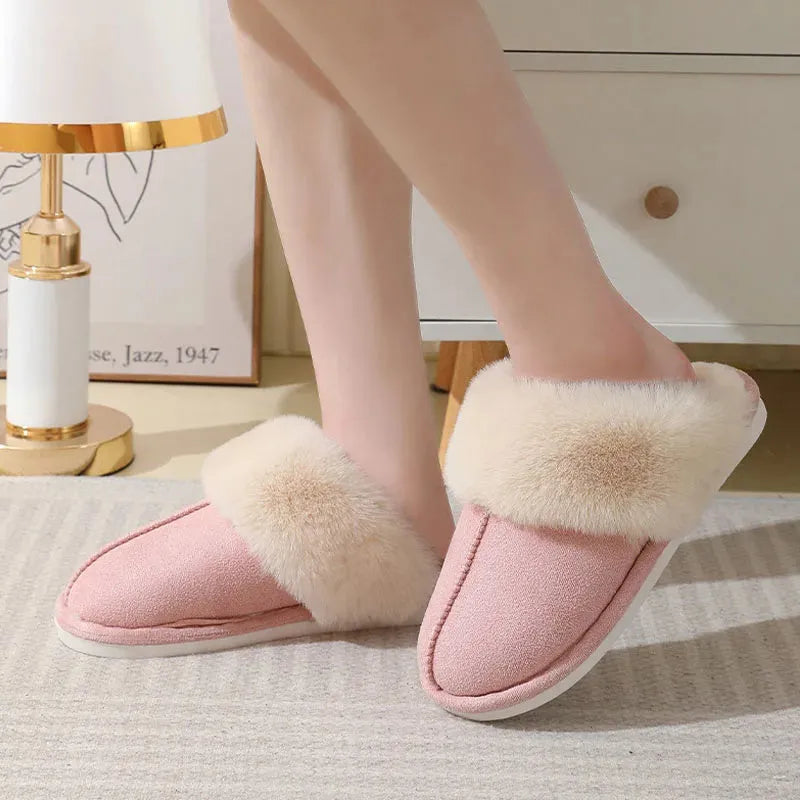 Women's winter plush slippers with artificial wool lining and non-slip PVC soles in various colours