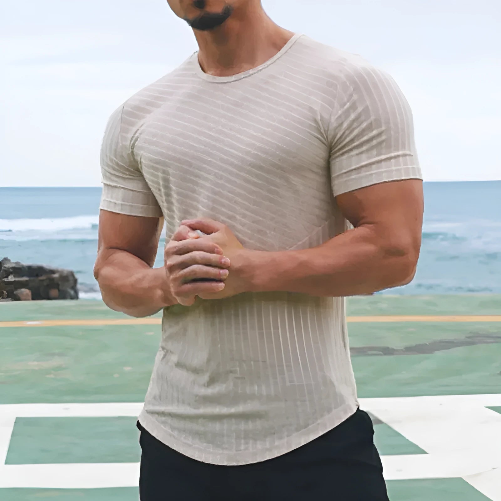 Men's solid white cotton blend loose short sleeves pullover t-shirt on model