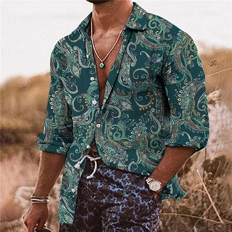 Men's loose fit long sleeve shirt with a colourful 3D floral pattern print.