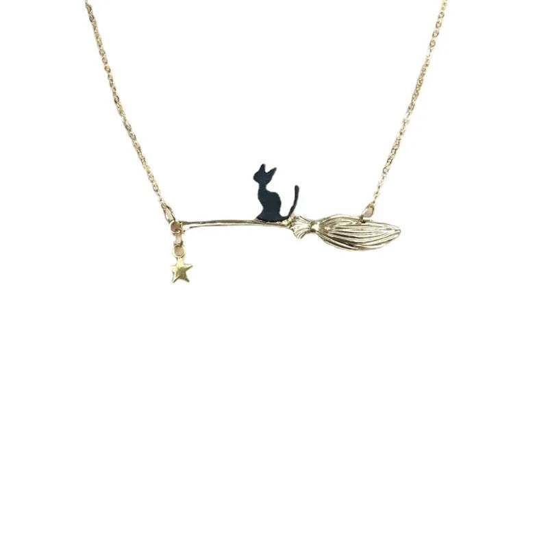 Halloween black cat pendant necklace in alloy with silver or gold plating options