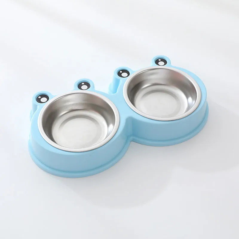 Stainless steel pet double bowl with frog water reservoir in blue, green or pink colours