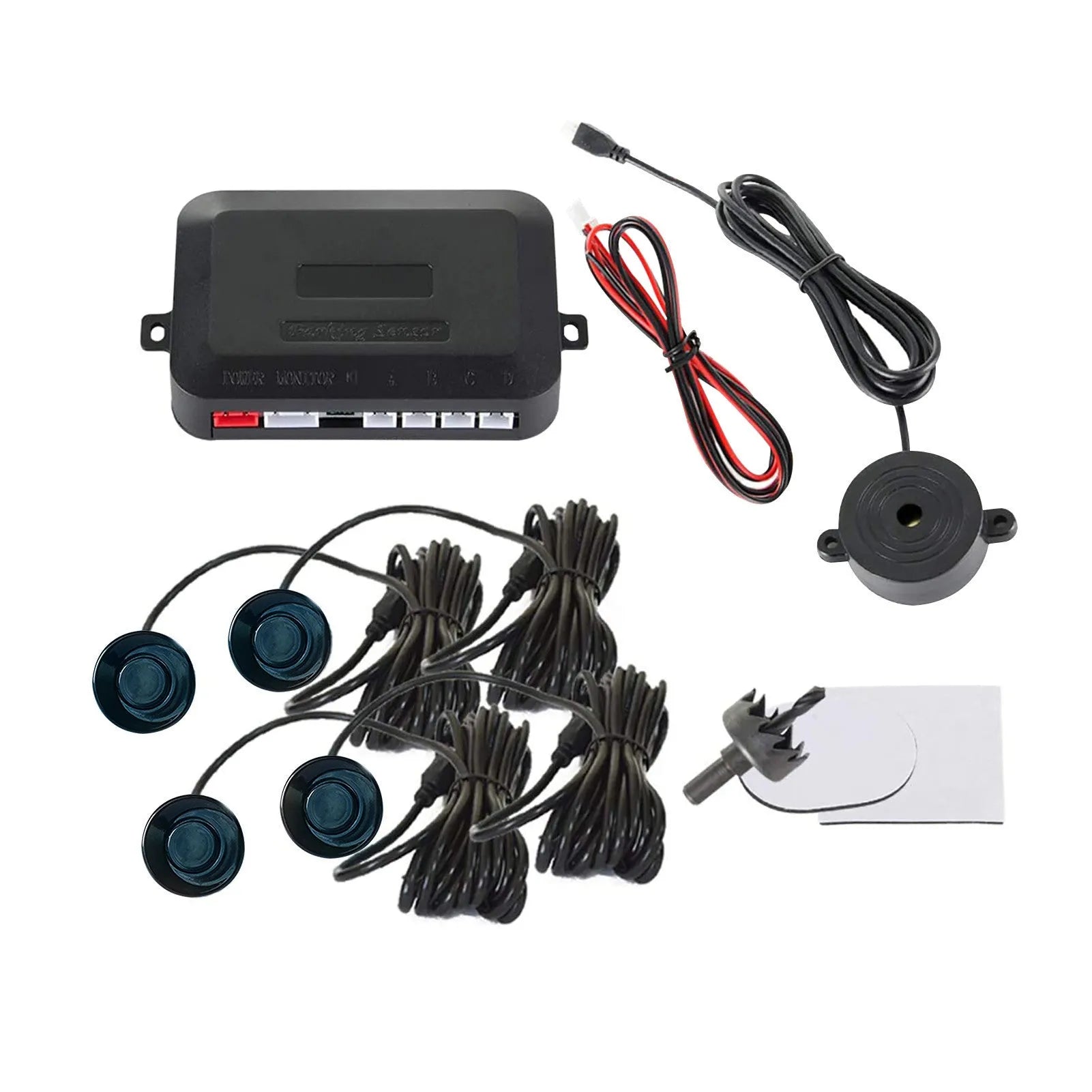 4-probe car parking sensor system with buzzer alert module, sensors in multiple colours, hole saw and installation cables