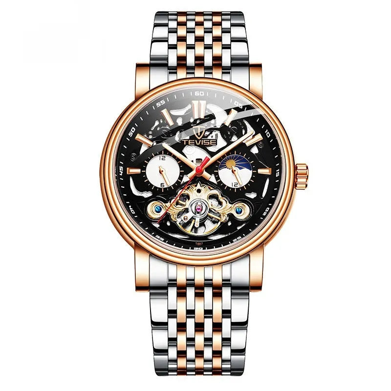 Men's tourbillon mechanical watch with luminous hands and waterproof casual design