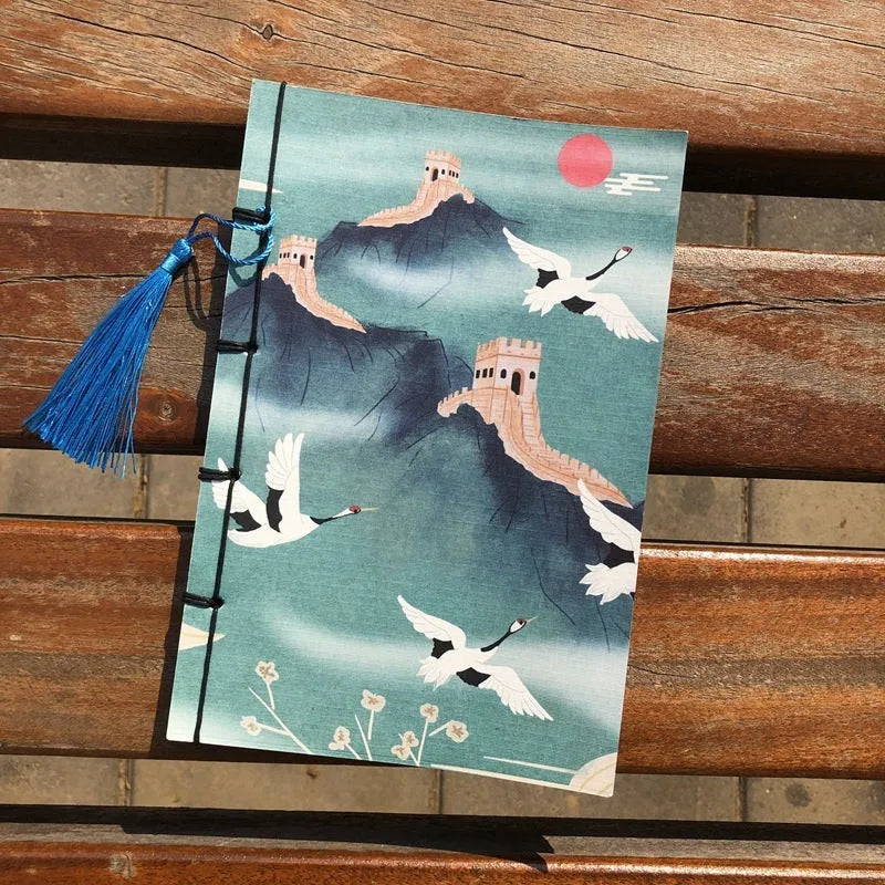 A5 antique wire-bound notebook with retro painting design on white cowhide cover