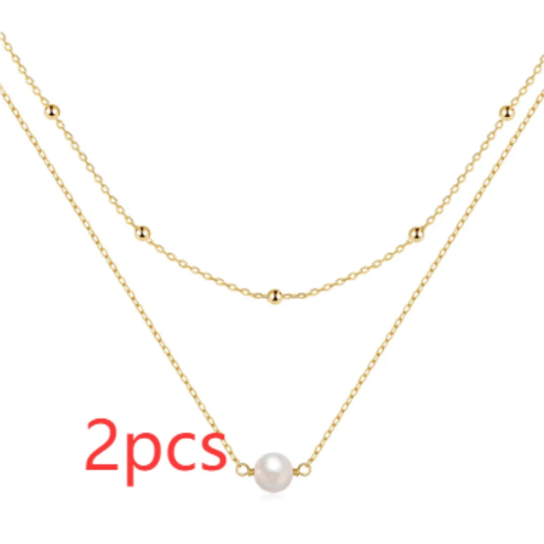 S925 sterling silver double layer women's necklace with twin pearls on geometric ball bead chain in gold colour