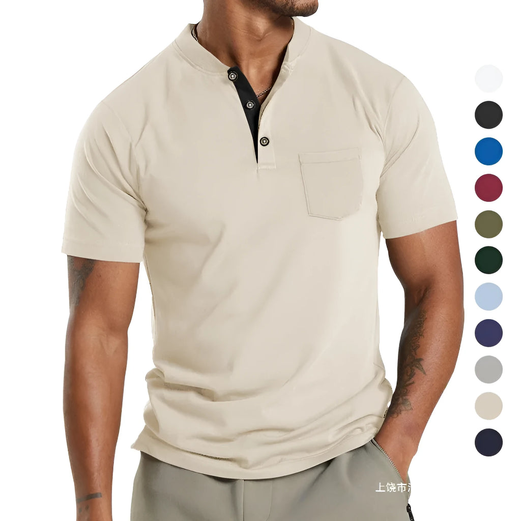 Men's plus size short sleeve button pocket shirt in solid colour polyester fabric.