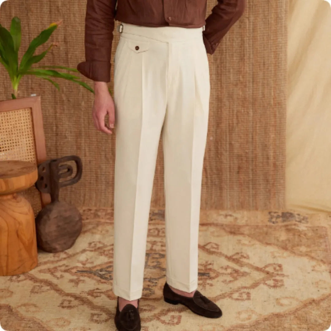 Men's slim fit straight leg business trousers in dark grey, light brown and light apricot colours