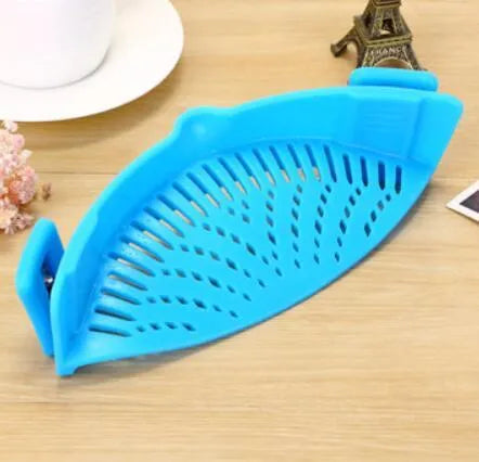 Silicone clip-on pot funnel strainer with stainless steel insert for draining liquids