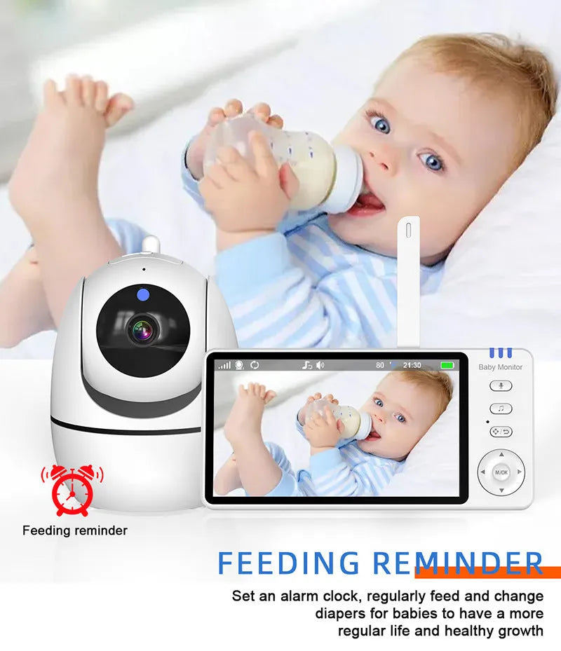 White HD wireless baby monitor with 5-inch screen on a nursery shelf.