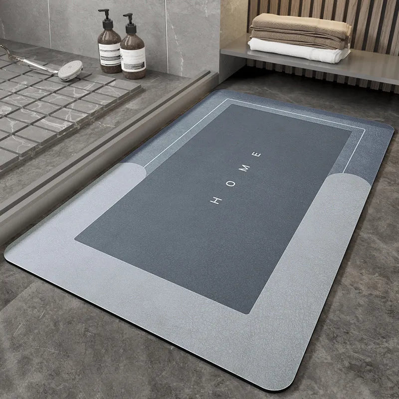 Blended fabric bathroom floor mat in oval and rectangular shapes on a tiled floor.