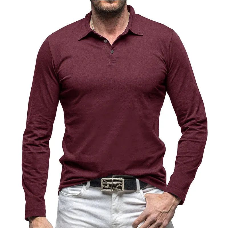 Men's polo collar long sleeve T-shirt in American retro style cotton fabric