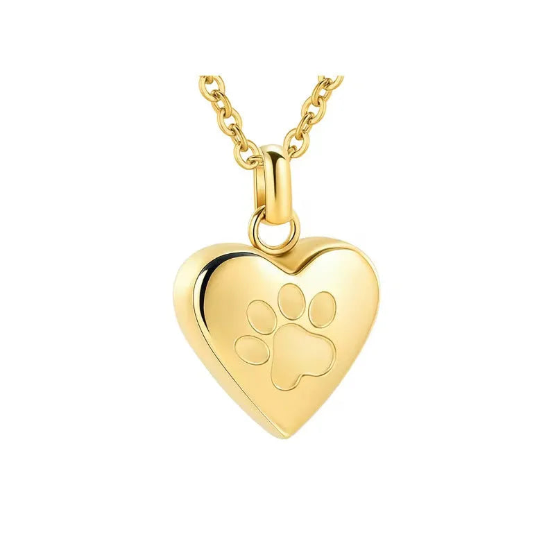 Simple titanium steel heart pendant necklace with paw print, opens for keepsakes.