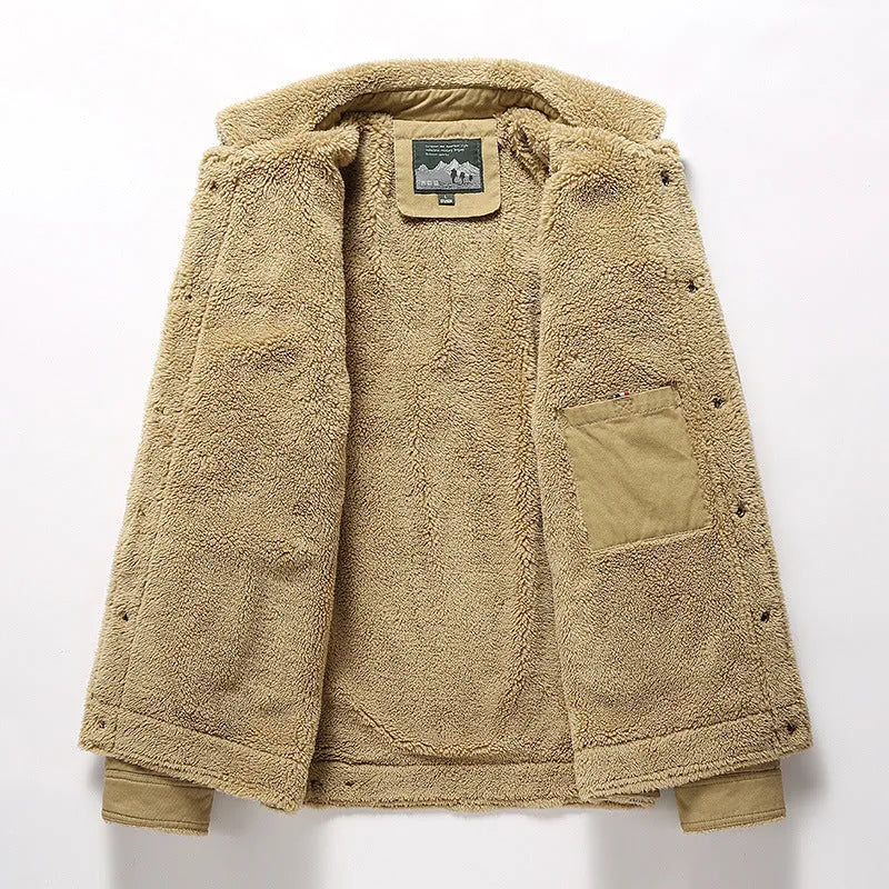 Men's fleece-lined thickened casual jacket with polo collar, cotton fabric, available in khaki, army green, dark blue