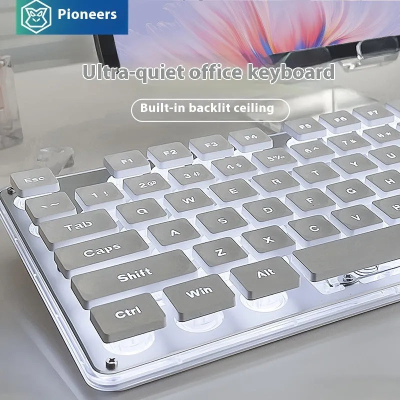 Wired mute mechanical-feel keyboard and gaming mouse combo set on a desk with blue backlighting
